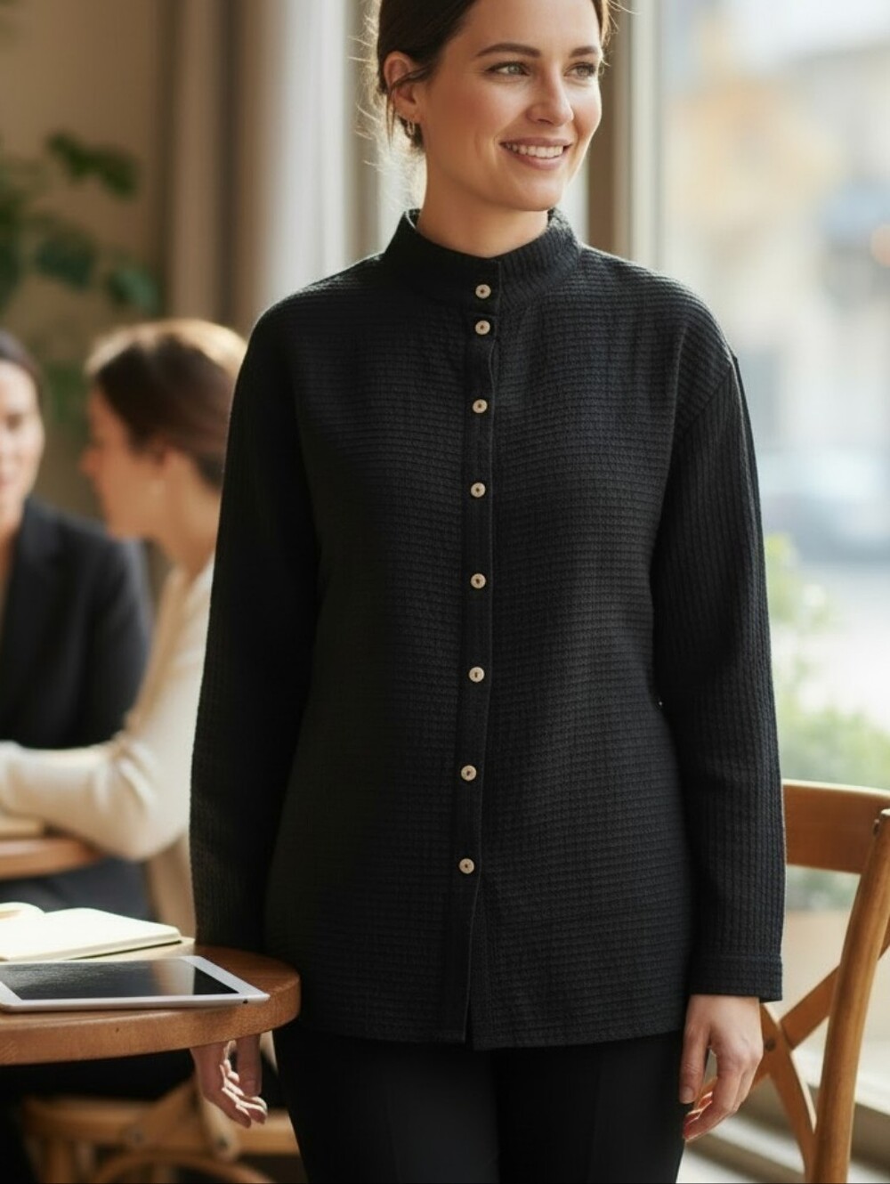 Yacco Maricard Black Textured Pintuck Cotton Button Front Womens Size XL